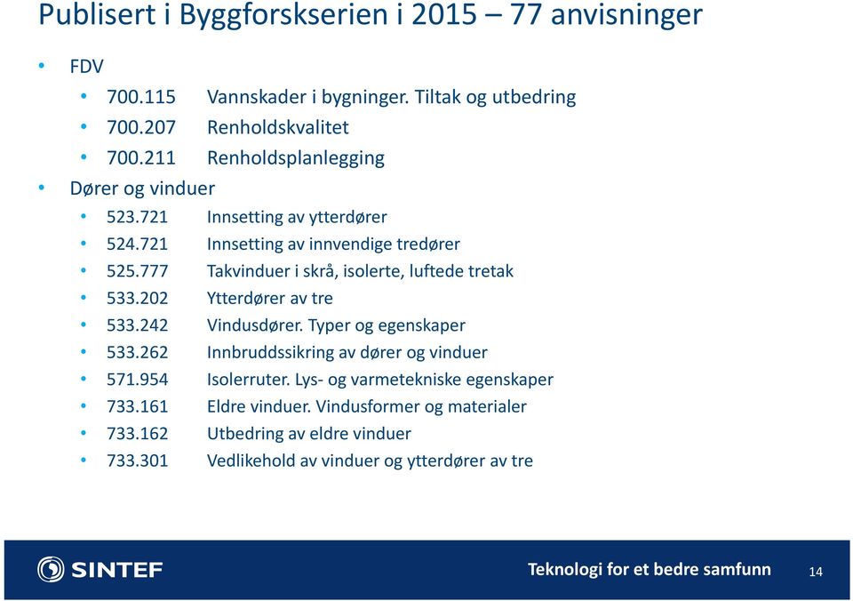 777 Takvinduer i skrå, isolerte, luftede tretak 533.202 Ytterdører av tre 533.242 Vindusdører. Typer og egenskaper 533.