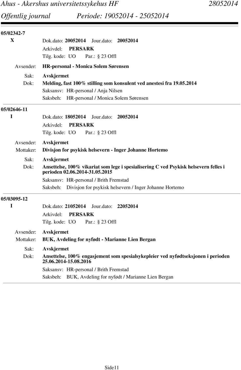 05.2015 Saksansv: HR-personal / Brith Fremstad Saksbeh: Divisjon for psykisk helsevern / Inger Johanne Hortemo 05/03095-12 I Dok.dato: 21052014 Jour.