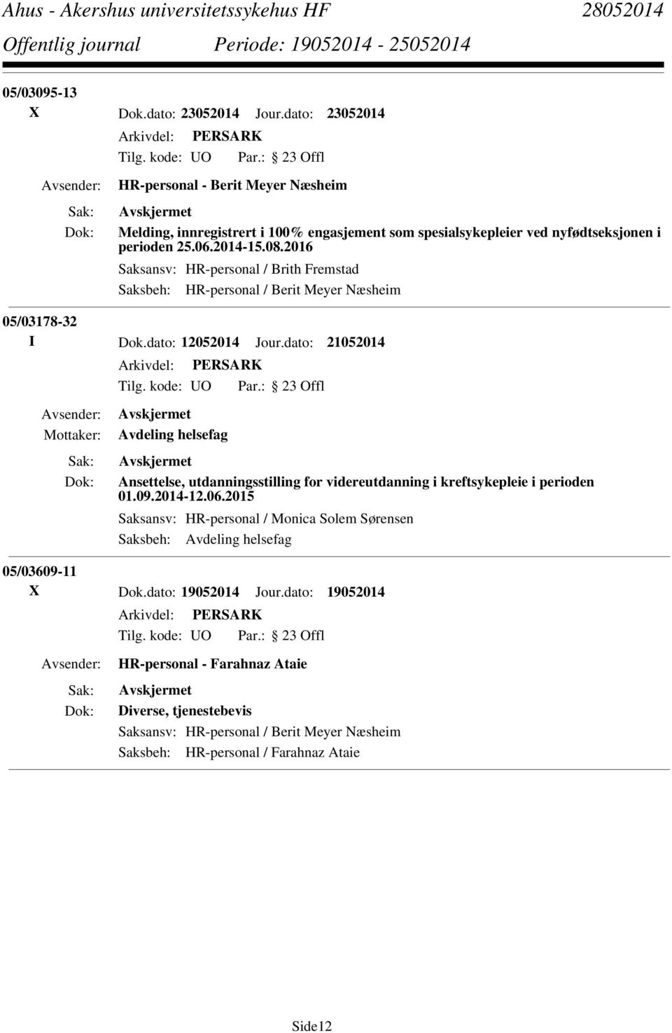 2016 Saksansv: HR-personal / Brith Fremstad Saksbeh: HR-personal / Berit Meyer Næsheim 05/03178-32 I Dok.dato: 12052014 Jour.
