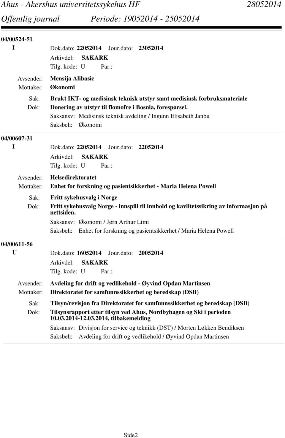 Saksansv: Medisinsk teknisk avdeling / Ingunn Elisabeth Janbu Saksbeh: Økonomi 04/00607-31 I Dok.dato: 22052014 Jour.dato: 22052014 Tilg. kode: U Par.