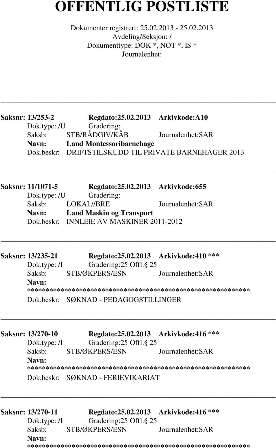 beskr: INNLEIE AV MASKINER 2011-2012 Saksnr: 13/235-21 Regdato:25.02.2013 Arkivkode:410 *** 25 Offl. 25 Saksb: STB/ØKPERS/ESN SAR Dok.