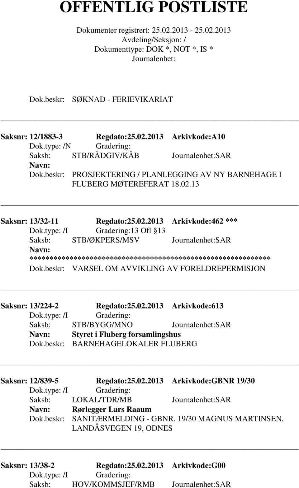 beskr: VARSEL OM AVVIKLING AV FORELDREPERMISJON Saksnr: 13/224-2 Regdato:25.02.2013 Arkivkode:613 Saksb: STB/BYGG/MNO SAR Styret i Fluberg forsamlingshus Dok.