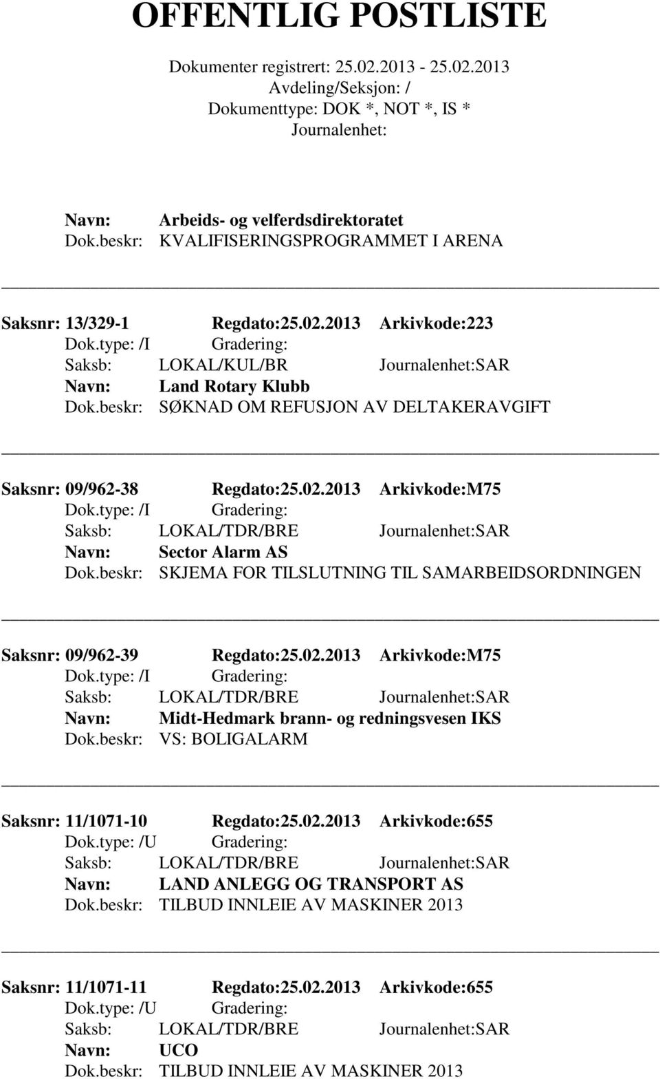 2013 Arkivkode:M75 Sector Alarm AS Dok.beskr: SKJEMA FOR TILSLUTNING TIL SAMARBEIDSORDNINGEN Saksnr: 09/962-39 Regdato:25.02.