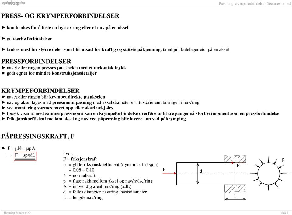 på en aksel PRESSFORBINDELSER navet eller ringen presses på akselen me et mekanisk trykk got egnet for minre konstruksjonsetaljer KRYMPEFORBINDELSER navet eller ringen blir krympet irekte på akselen