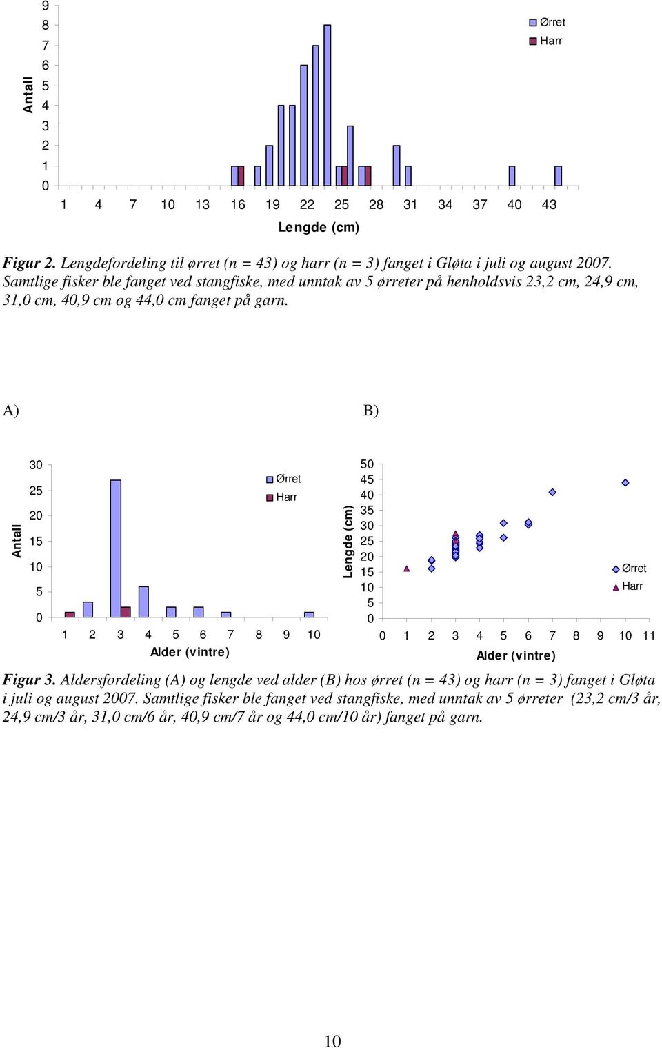 A) B) Antall 3 25 2 15 1 5 Ørret Harr 1 2 3 4 5 6 7 8 9 1 Alder (vintre ) Lengde (cm) 5 45 4 35 3 25 2 15 1 5 1 2 3 4 5 6 7 8 9 1 11 Alder (vintre) Figur 3.