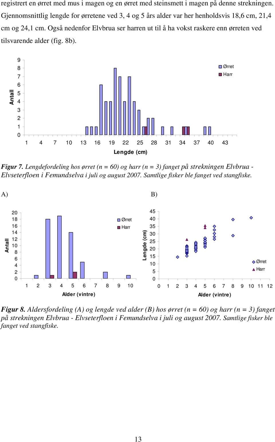 Også nedenfor Elvbrua ser harren ut til å ha vokst raskere enn ørreten ved tilsvarende alder (fig. 8b). Antall 9 8 7 6 5 4 3 2 1 Ørret Harr 1 4 7 1 13 16 19 22 25 28 31 34 37 4 43 Lengde (cm) Figur 7.