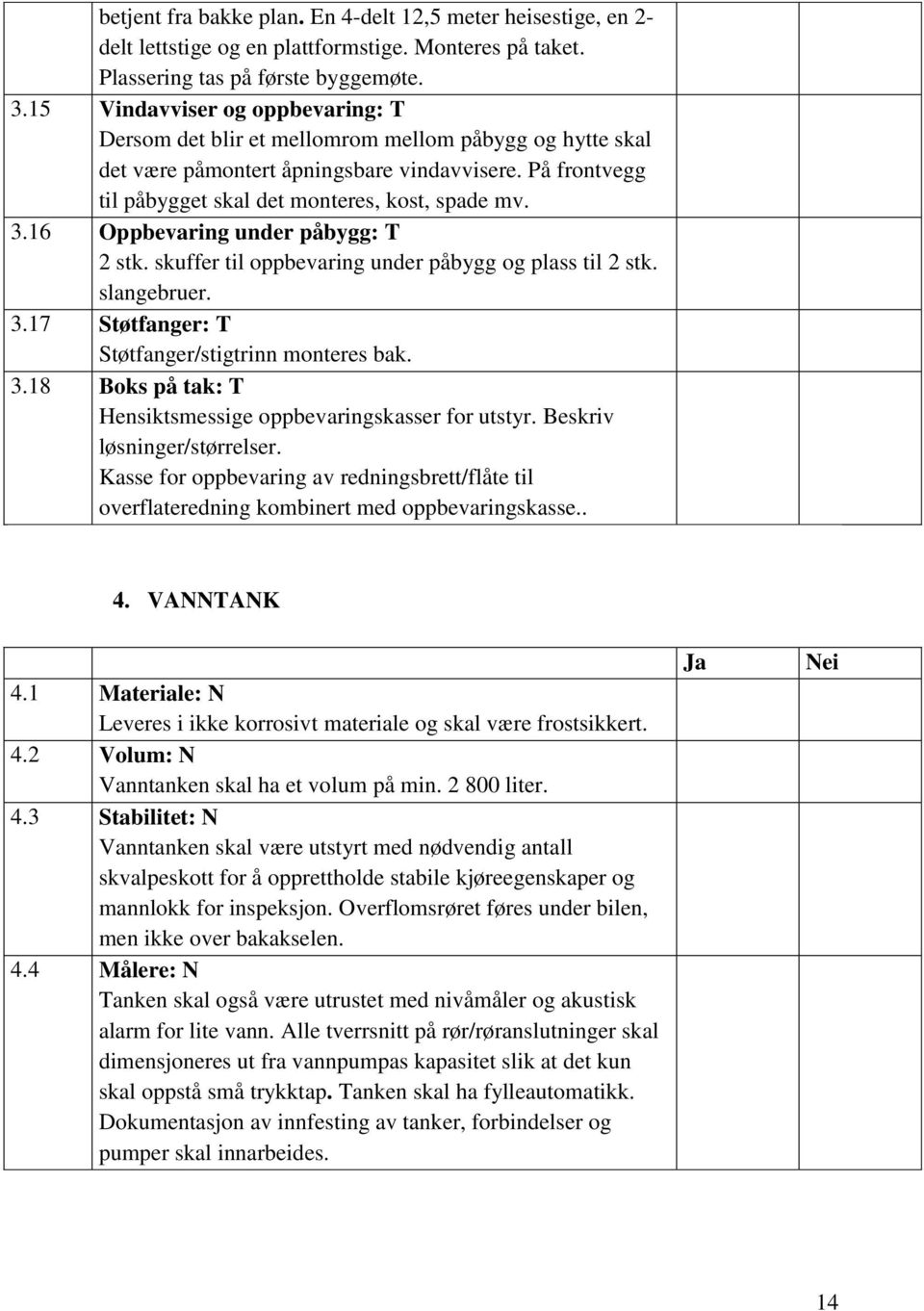 16 Oppbevaring under påbygg: T 2 stk. skuffer til oppbevaring under påbygg og plass til 2 stk. slangebruer. 3.17 Støtfanger: T Støtfanger/stigtrinn monteres bak. 3.18 Boks på tak: T Hensiktsmessige oppbevaringskasser for utstyr.