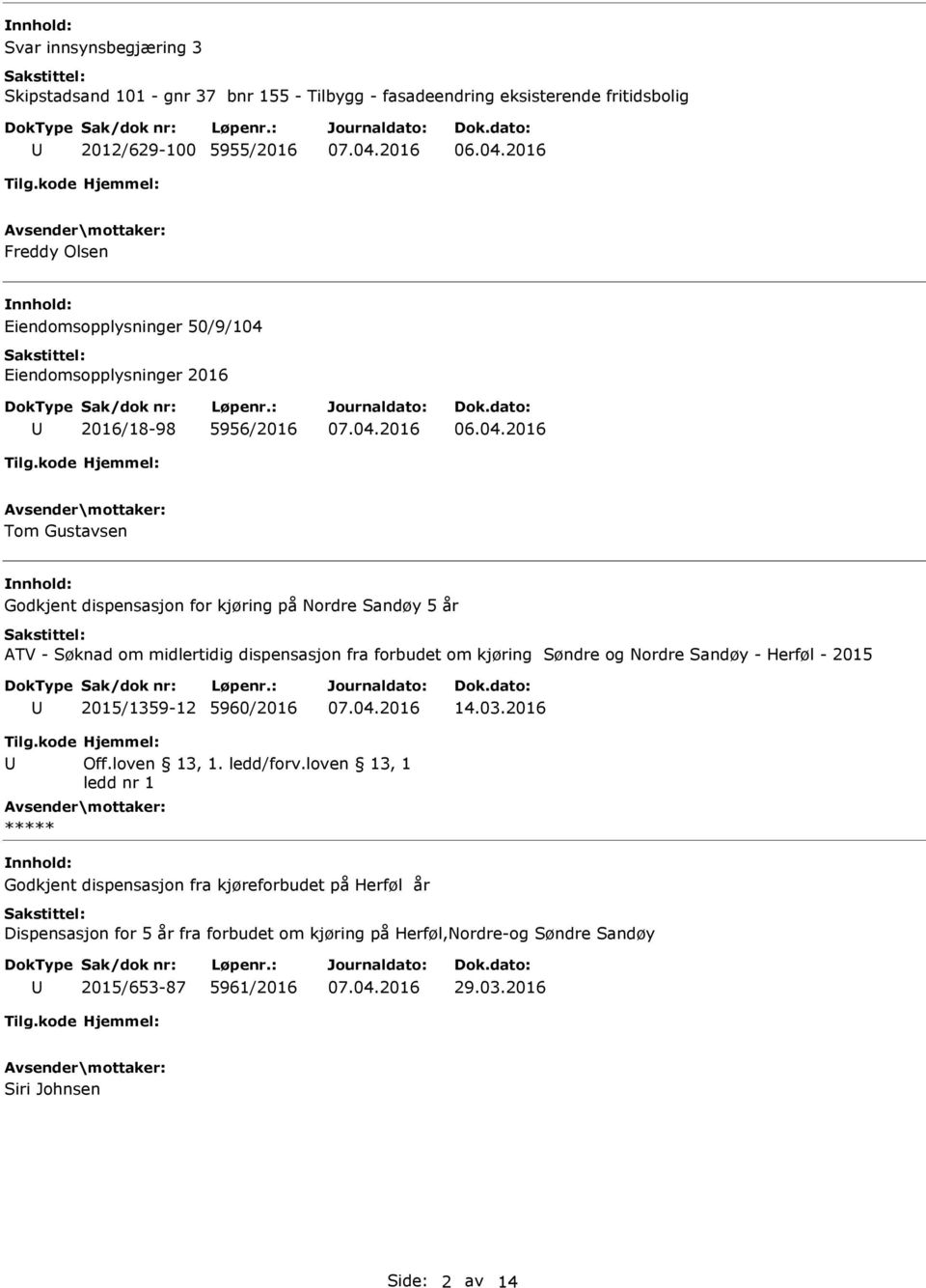 fra forbudet om kjøring Søndre og Nordre Sandøy - Herføl - 2015 2015/1359-12 5960/2016 14.03.2016 Off.loven 13, 1. ledd/forv.