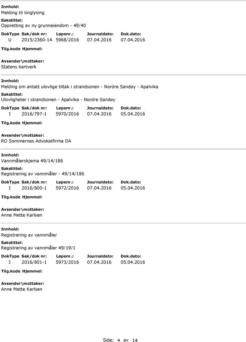 5970/2016 RO Sommernes Advokatfirma DA Vannmålerskjema 49/14/186 Registrering av vannmåler - 49/14/186 2016/800-1 5972/2016