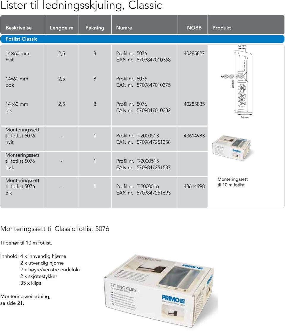 T-2000513 43614983 hvit EAN nr. 5709847251358 Monteringssett til fotlist 5076-1 Profil nr. T-2000515 bøk EAN nr. 5709847251587 Monteringssett til fotlist 5076-1 Profil nr.