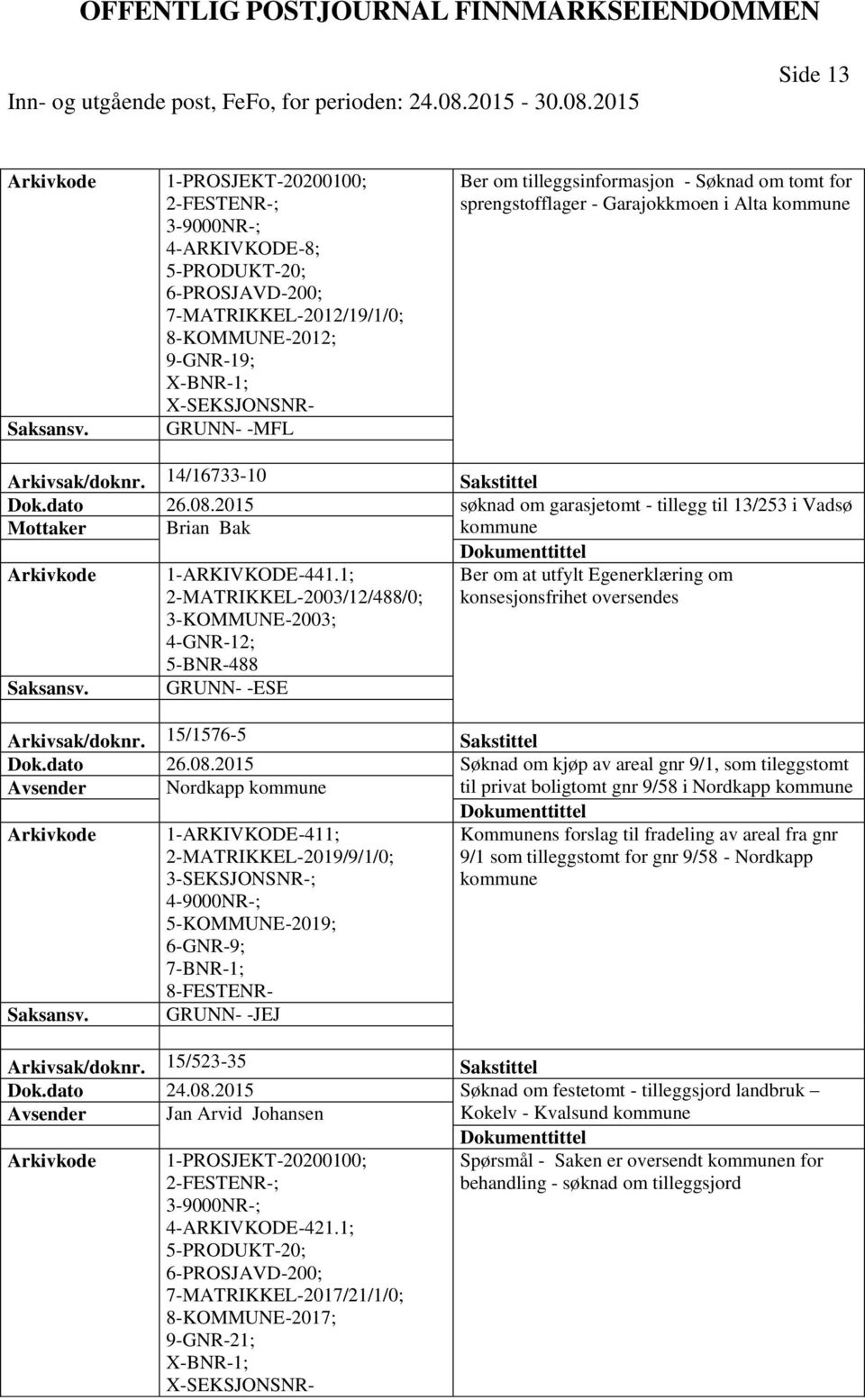 2015 søknad om garasjetomt - tillegg til 13/253 i Vadsø Mottaker Brian Bak kommune 1-ARKIVKODE-441.