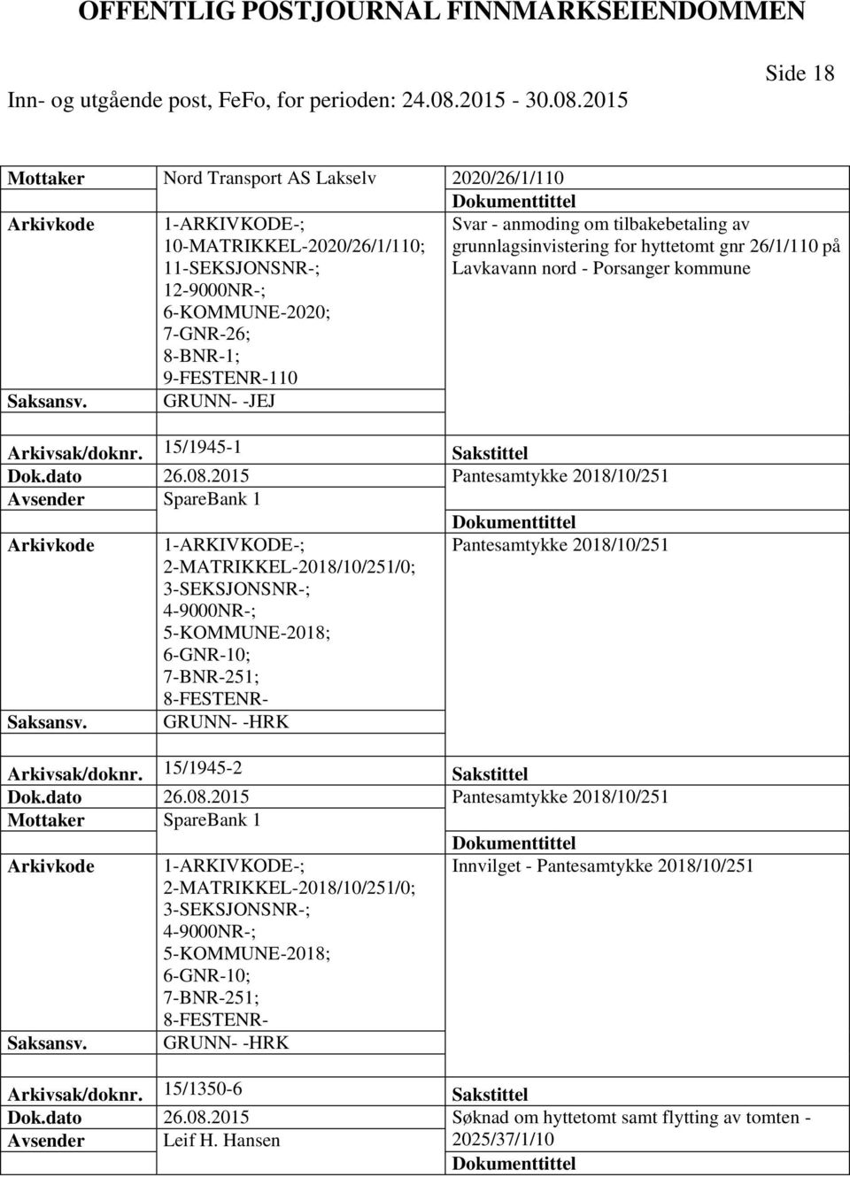 2015 Pantesamtykke 2018/10/251 Avsender SpareBank 1 Pantesamtykke 2018/10/251 2-MATRIKKEL-2018/10/251/0; 5-KOMMUNE-2018; 6-GNR-10; 7-BNR-251; Arkivsak/doknr. 15/1945-2 Sakstittel Dok.dato 26.08.