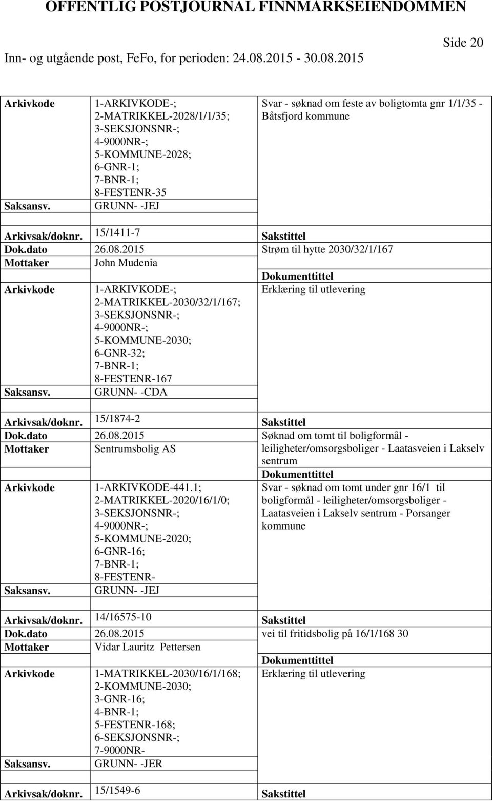 15/1874-2 Sakstittel Dok.dato 26.08.2015 Søknad om tomt til boligformål - Mottaker Sentrumsbolig AS leiligheter/omsorgsboliger - Laatasveien i Lakselv sentrum 1-ARKIVKODE-441.