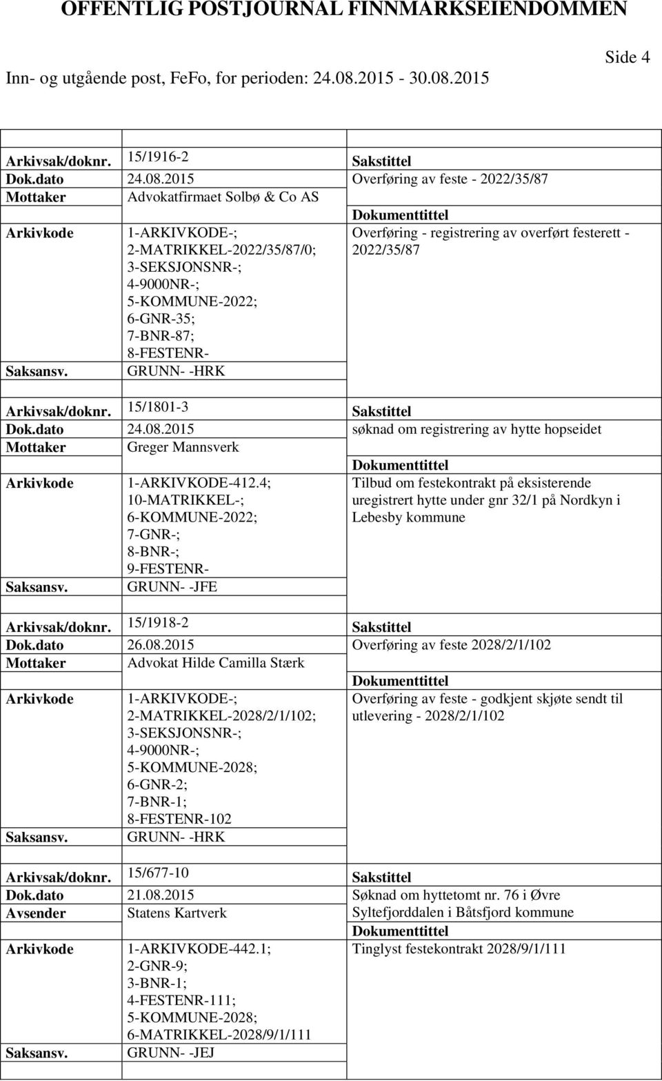 Arkivsak/doknr. 15/1801-3 Sakstittel Dok.dato 24.08.2015 søknad om registrering av hytte hopseidet Mottaker Greger Mannsverk 1-ARKIVKODE-412.