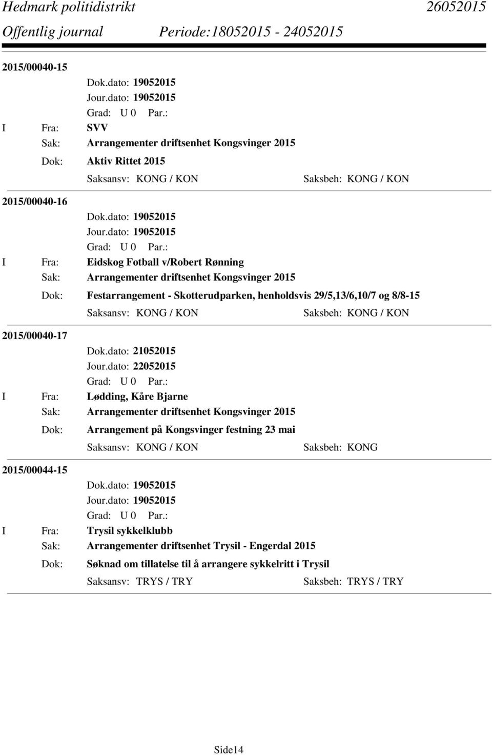 Dok.dato: 21052015 I Fra: Lødding, Kåre Bjarne Sak: Arrangementer driftsenhet Kongsvinger 2015 Arrangement på Kongsvinger festning 23 mai Saksansv: KONG / KON Saksbeh: KONG