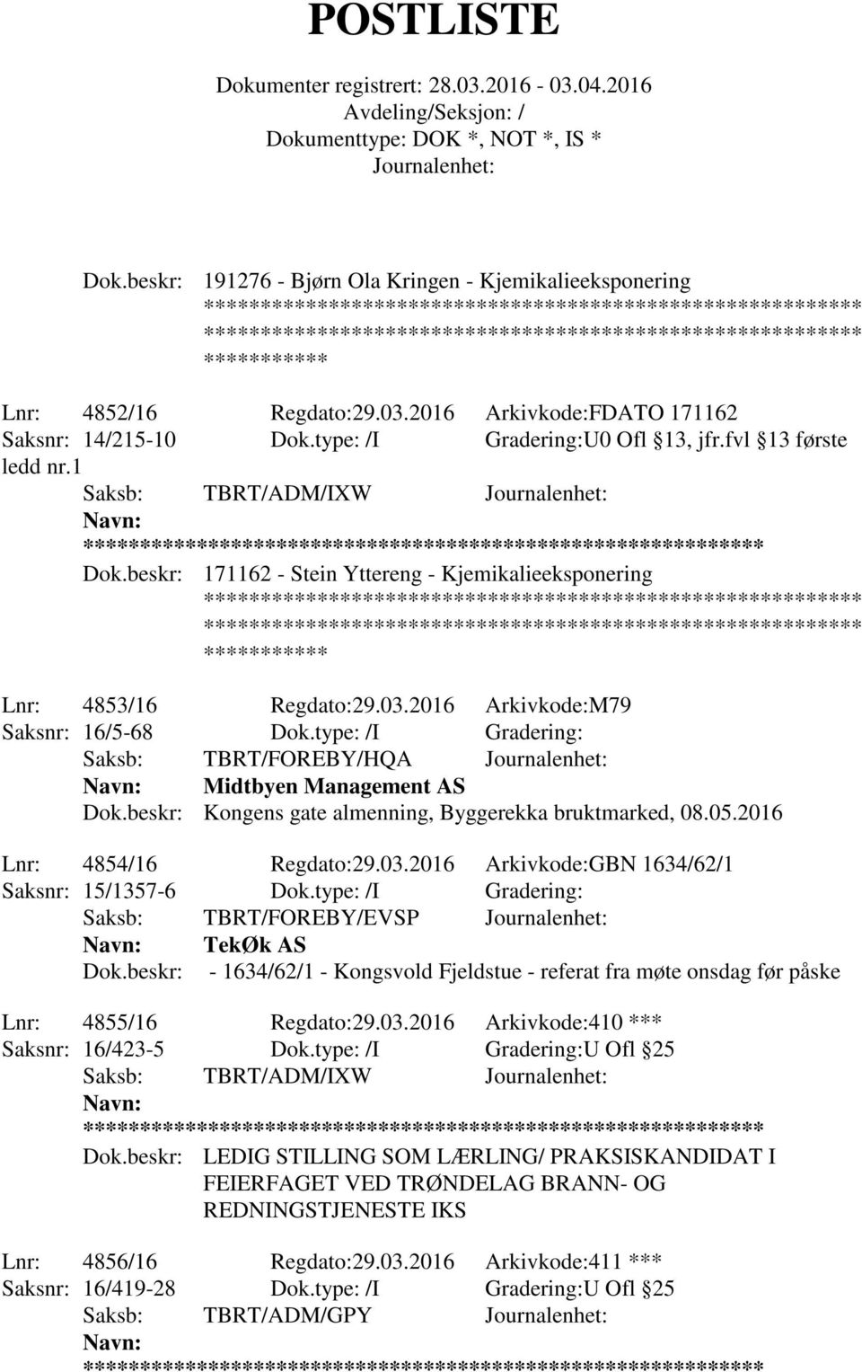 type: /I Gradering: Saksb: TBRT/FOREBY/HQA Midtbyen Management AS Dok.beskr: Kongens gate almenning, Byggerekka bruktmarked, 08.05.2016 Lnr: 4854/16 Regdato:29.03.