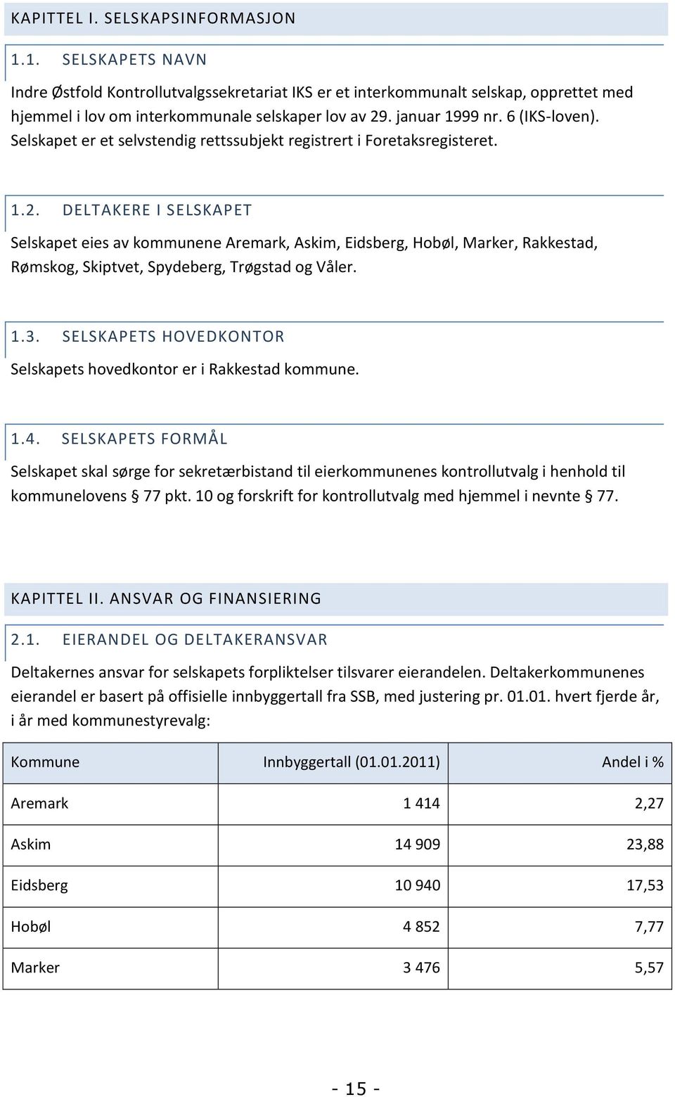 DELTAKERE I SELSKAPET Selskapet eies av kommunene Aremark, Askim, Eidsberg, Hobøl, Marker, Rakkestad, Rømskog, Skiptvet, Spydeberg, Trøgstad og Våler. 1.3.