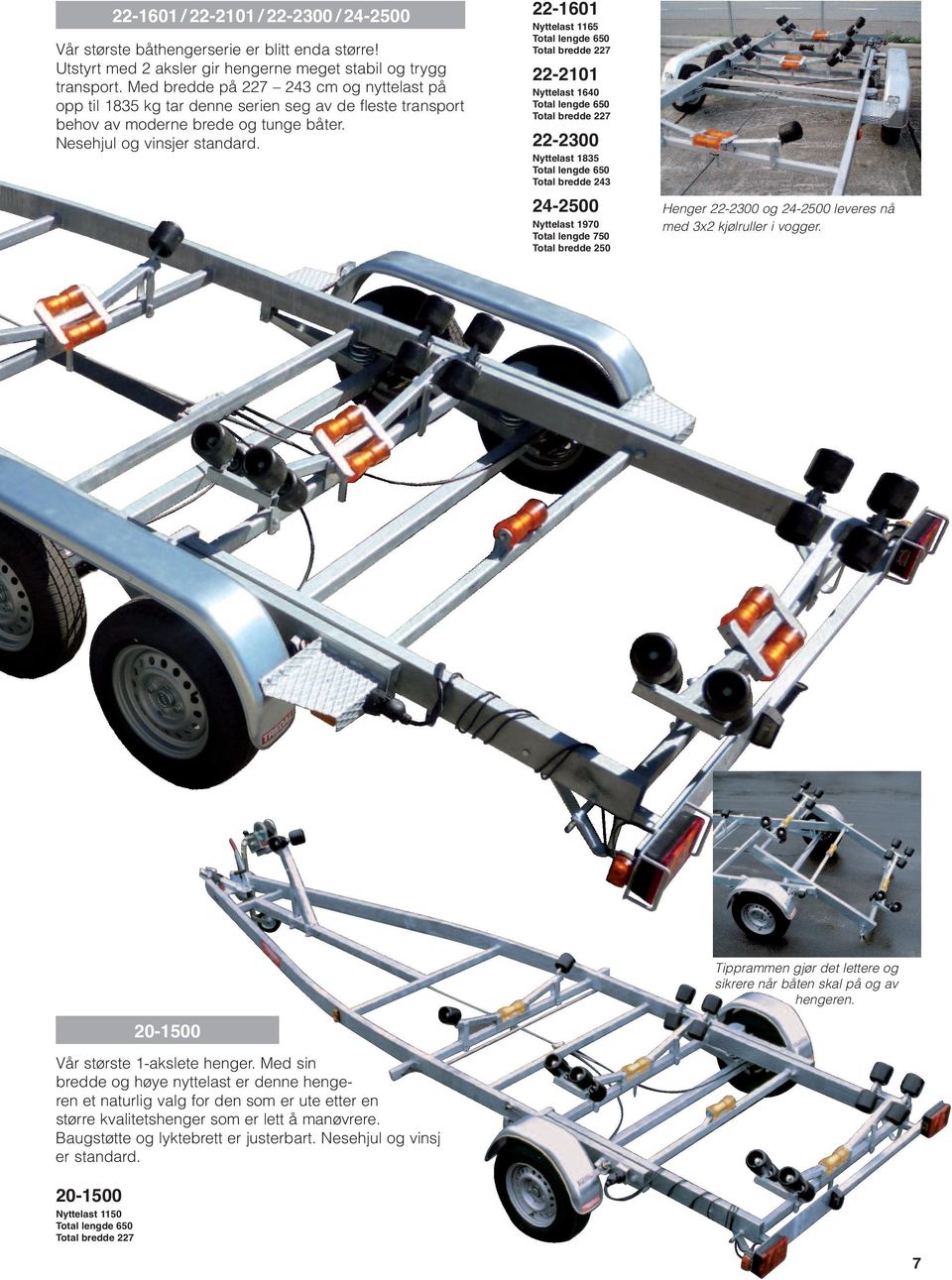 22-1601 Nyttelast 1165 Total lengde 650 Total bredde 227 22-2101 Nyttelast 1640 Total lengde 650 Total bredde 227 22-2300 Nyttelast 1835 Total lengde 650 Total bredde 243 24-2500 Nyttelast 1970 Total