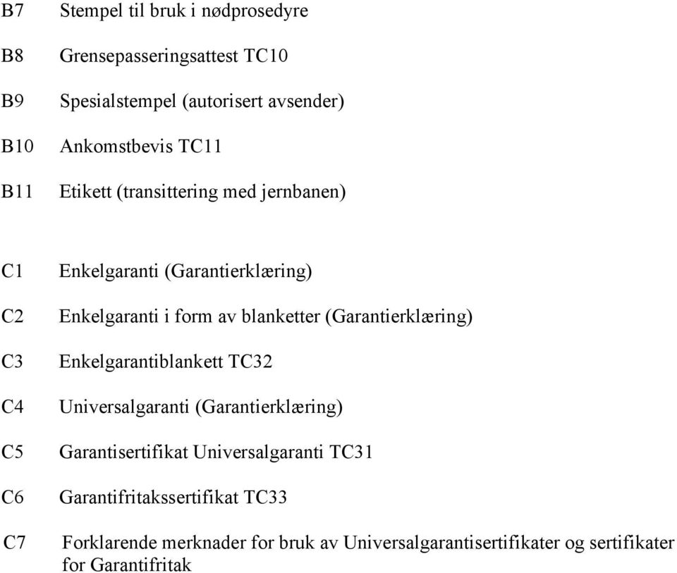 form av blanketter (Garantierklæring) Enkelgarantiblankett TC32 Universalgaranti (Garantierklæring) Garantisertifikat