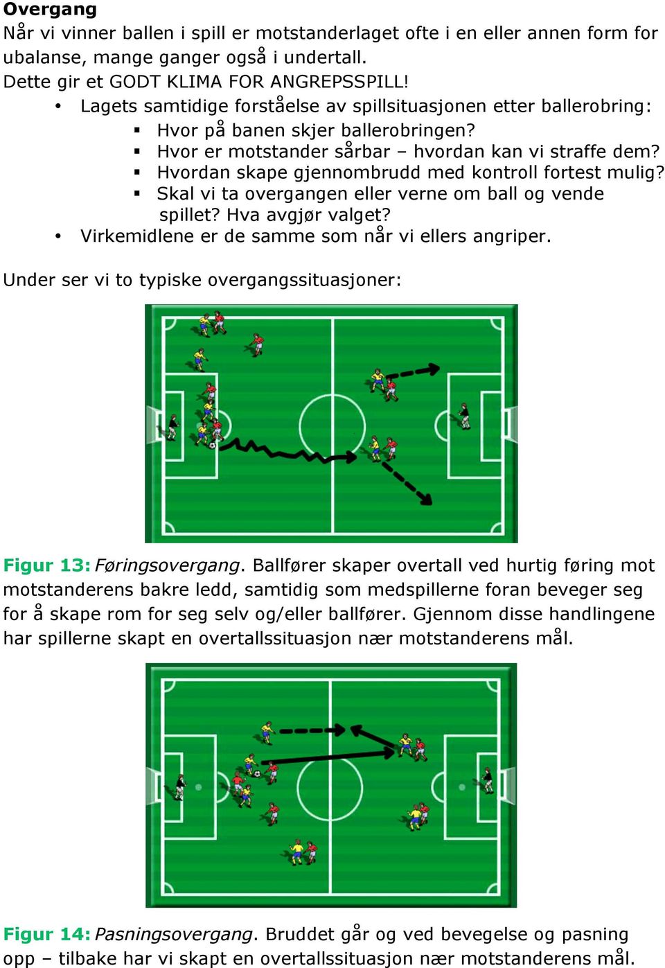 Hvordan skape gjennombrudd med kontroll fortest mulig? Skal vi ta overgangen eller verne om ball og vende spillet? Hva avgjør valget? Virkemidlene er de samme som når vi ellers angriper.