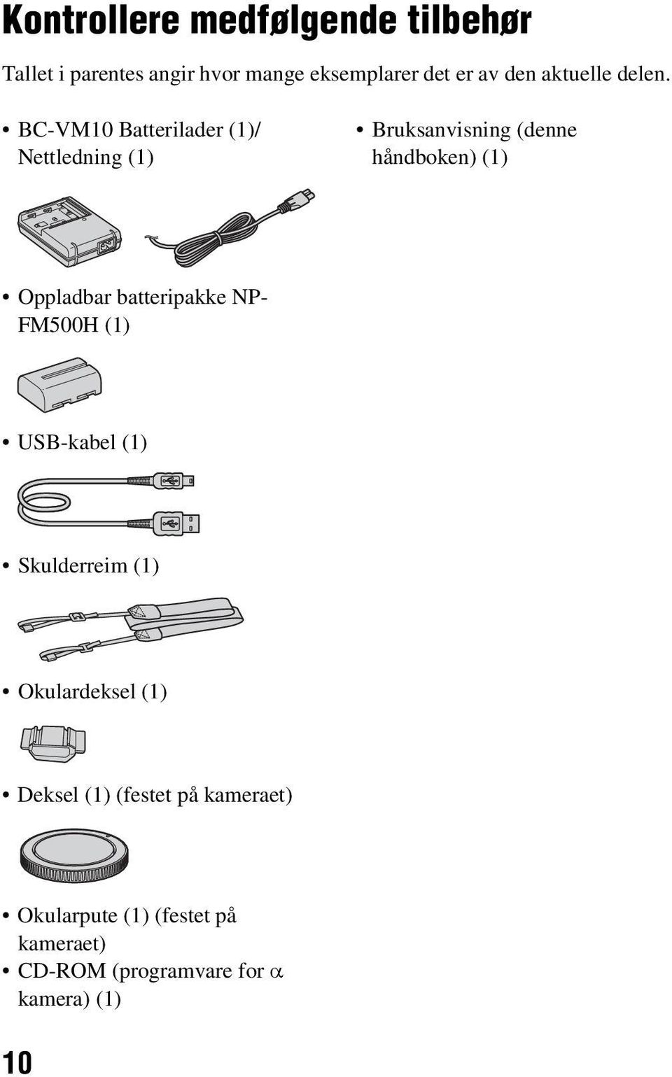 BC-VM10 Batterilader (1)/ Nettledning (1) Bruksanvisning (denne håndboken) (1) Oppladbar
