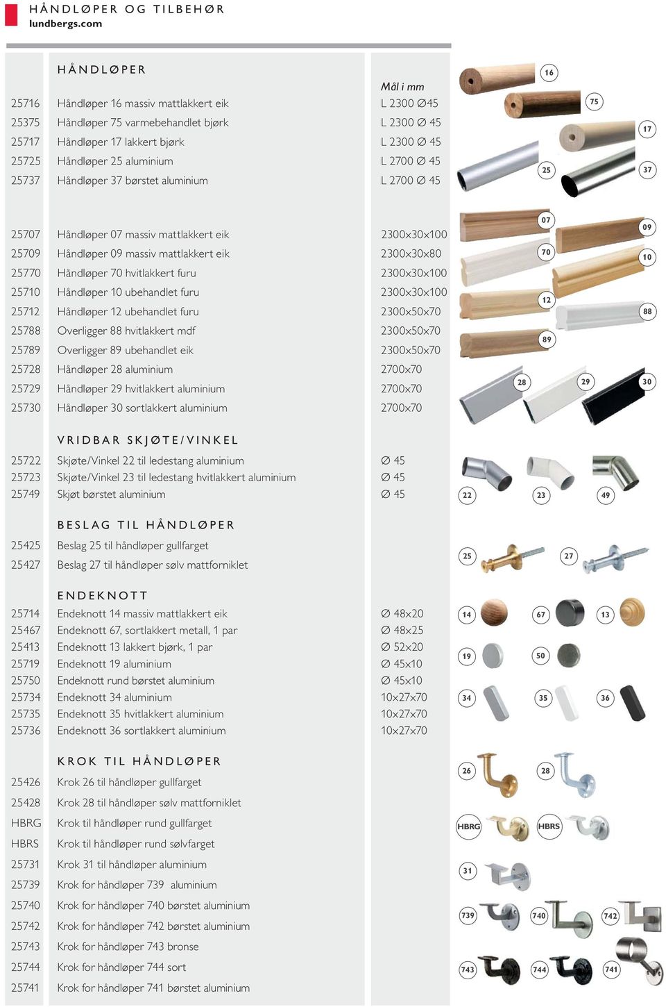 25770 Håndløper 70 hvitlakkert furu 2300x30x100 25710 Håndløper 10 ubehandlet furu 2300x30x100 25712 Håndløper 12 ubehandlet furu 2300x50x70 25788 Overligger 88 hvitlakkert mdf 2300x50x70 25789