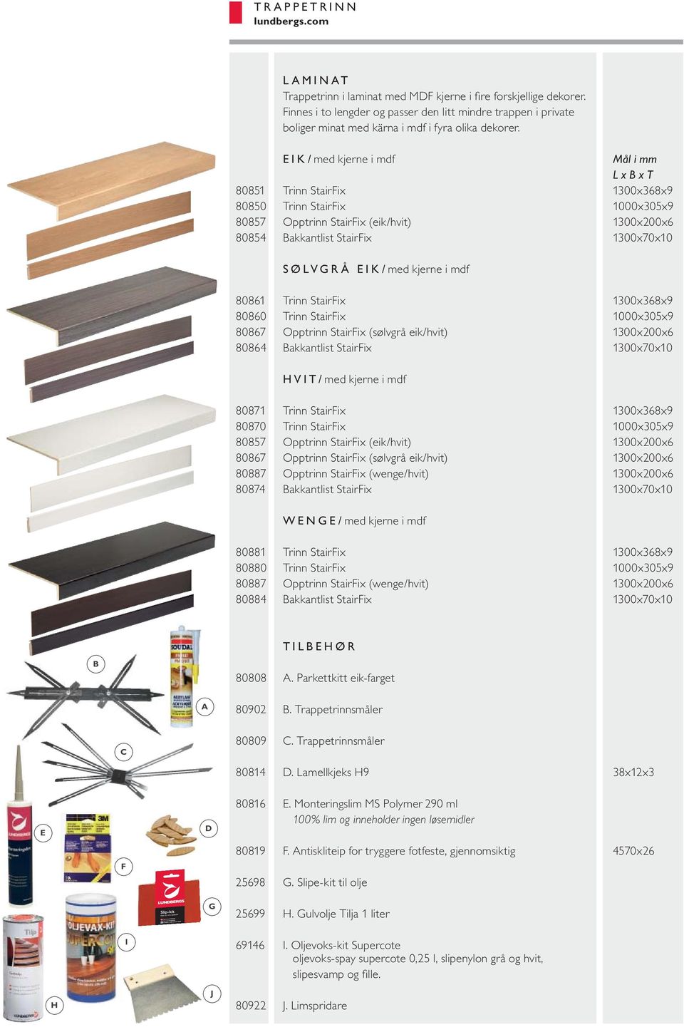 EIK/med kjerne i mdf L x B x T 80851 Trinn StairFix 1300x368x9 80850 Trinn StairFix 1000x305x9 80857 Opptrinn StairFix (eik/hvit) 1300x200x6 80854 Bakkantlist StairFix 1300x70x10 SØLVGRÅ EIK/med