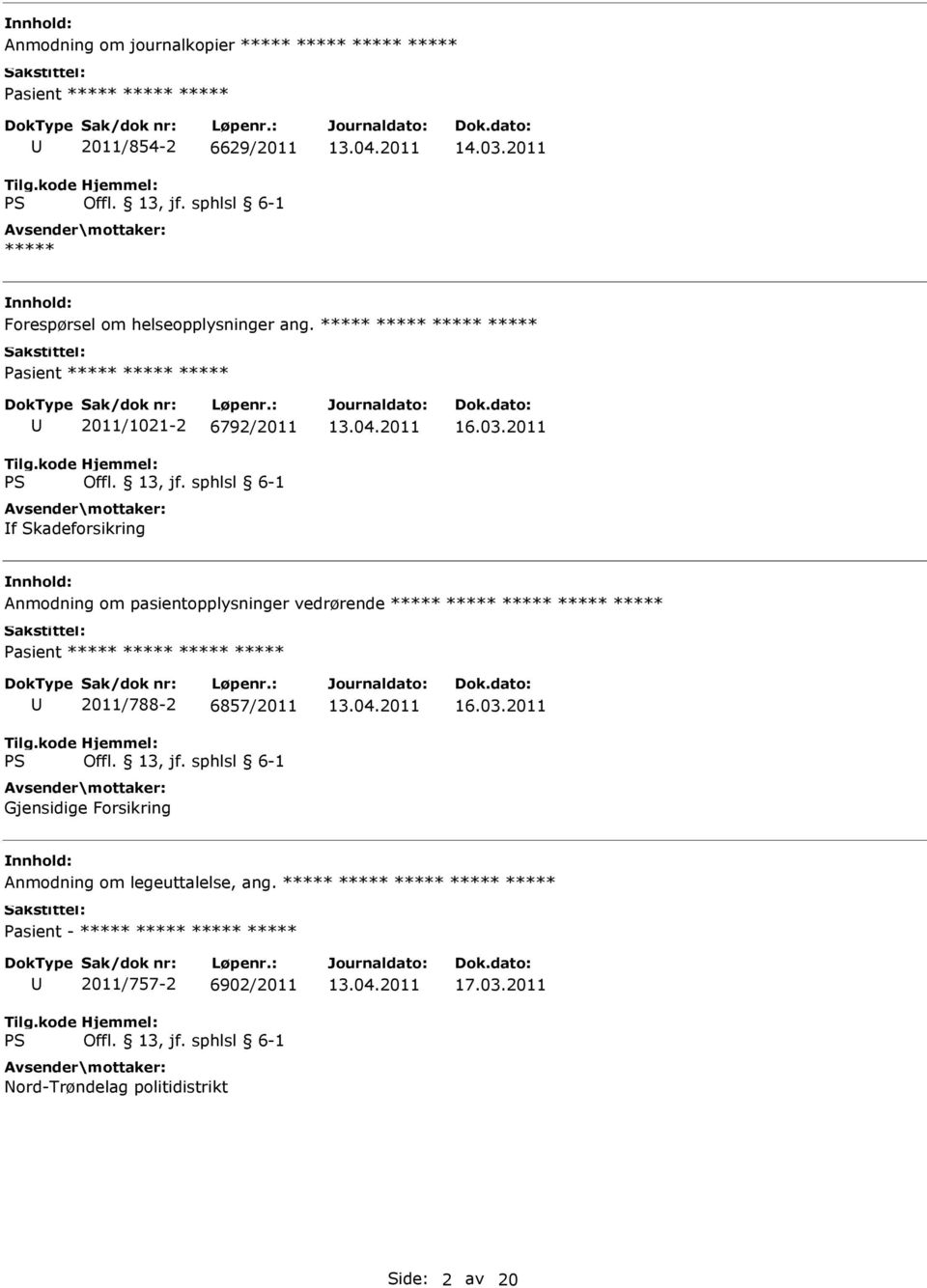 2011 Anmodning om pasientopplysninger vedrørende ***** ***** ***** ***** ***** ***** 2011/788-2 6857/2011 Gjensidige