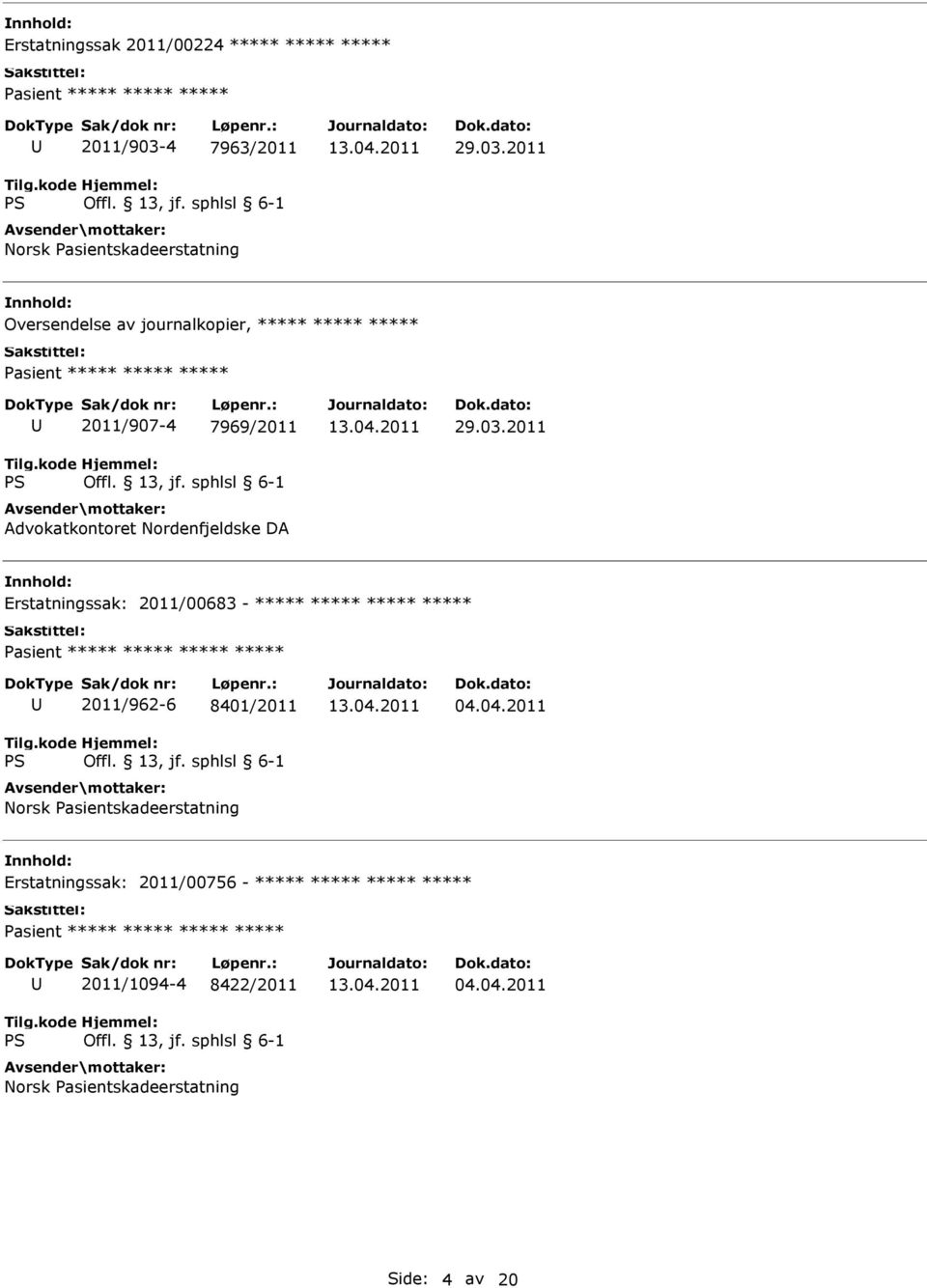 2011 Oversendelse av journalkopier, ***** ***** ***** 2011/907-4 7969/2011 Advokatkontoret Nordenfjeldske DA 29.03.