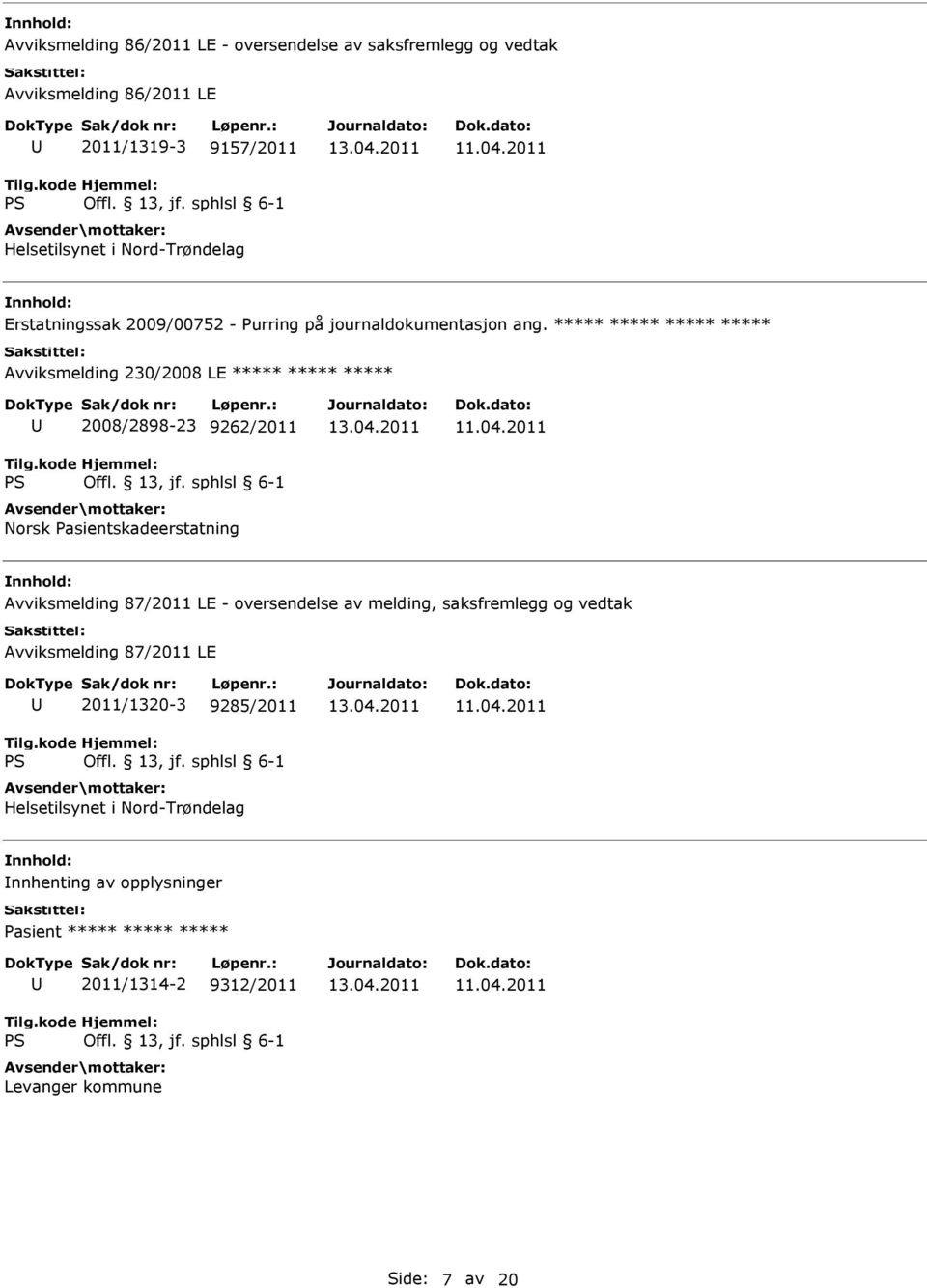 ***** ***** ***** ***** Avviksmelding 230/2008 LE ***** ***** ***** 2008/2898-23 9262/2011 Norsk Pasientskadeerstatning Avviksmelding