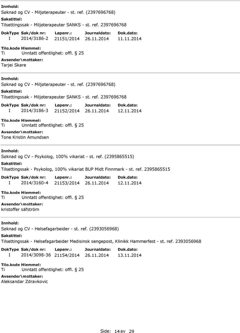 11.2014 nnhold: Søknad og CV - Psykolog, 100% vikariat - st. ref. (2395865515) lsettingssak - Psykolog, 100% vikariat BUP Midt Finnmark - st. ref. 2395865515 2014/3160-4 21153/2014 kristoffer säfström 12.