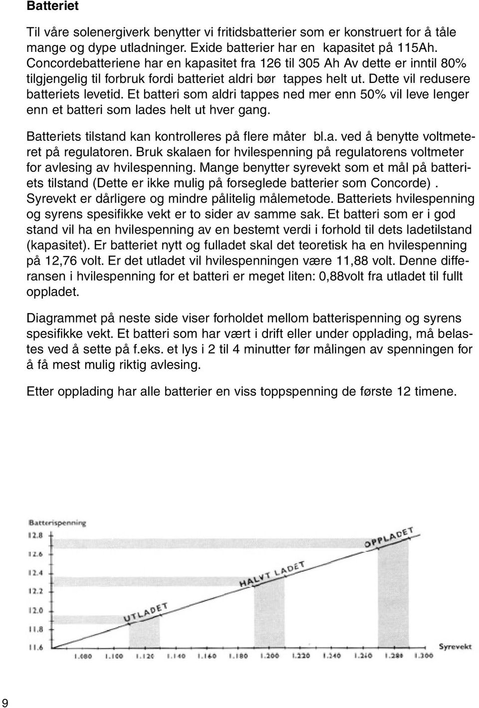 Et batteri som aldri tappes ned mer enn 50% vil leve lenger enn et batteri som lades helt ut hver gang. Batteriets tilstand kan kontrolleres på flere måter bl.a. ved å benytte voltmeteret på regulatoren.