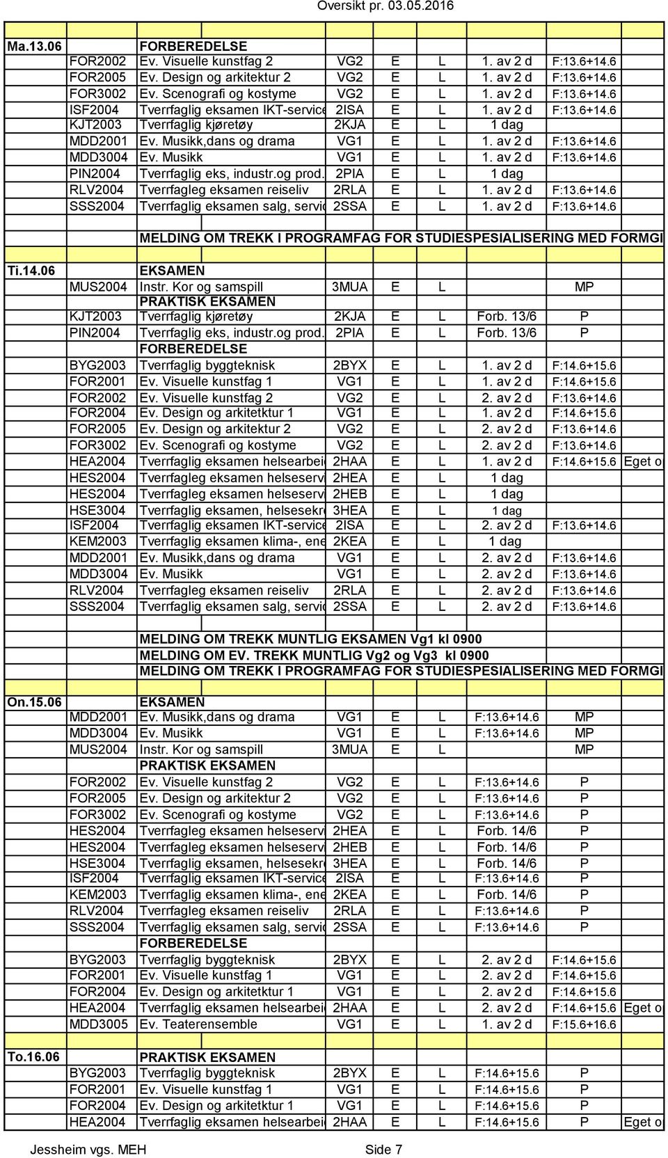 og prod.teknikk 2PIA E L 1 dag RLV2004 Tverrfagleg eksamen reiseliv 2RLA E L 1. av 2 d F:13.6+14.6 SSS2004 Tverrfaglig eksamen salg, service 2SSA og sikkerhet E L 1. av 2 d F:13.6+14.6 MELDING OM TREKK I PROGRAMFAG FOR STUDIESPESIALISERING MED FORMGIVING KL 0900 Ti.