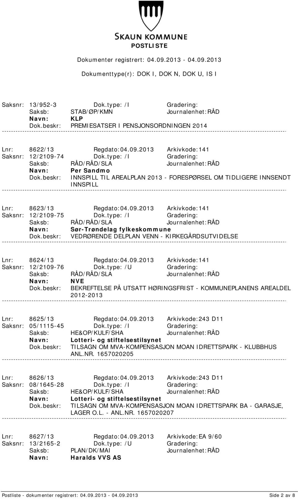 2013 Arkivkode:141 Saksnr: 12/2109-75 Dok.type: /I Gradering: Saksb: RÅD/RÅD/SLA Journalenhet:RÅD Sør-Trøndelag fylkeskommune VEDRØRENDE DELPLAN VENN - KIRKEGÅRDSUTVIDELSE Lnr: 8624/13 Regdato:04.09.2013 Arkivkode:141 Saksnr: 12/2109-76 Dok.