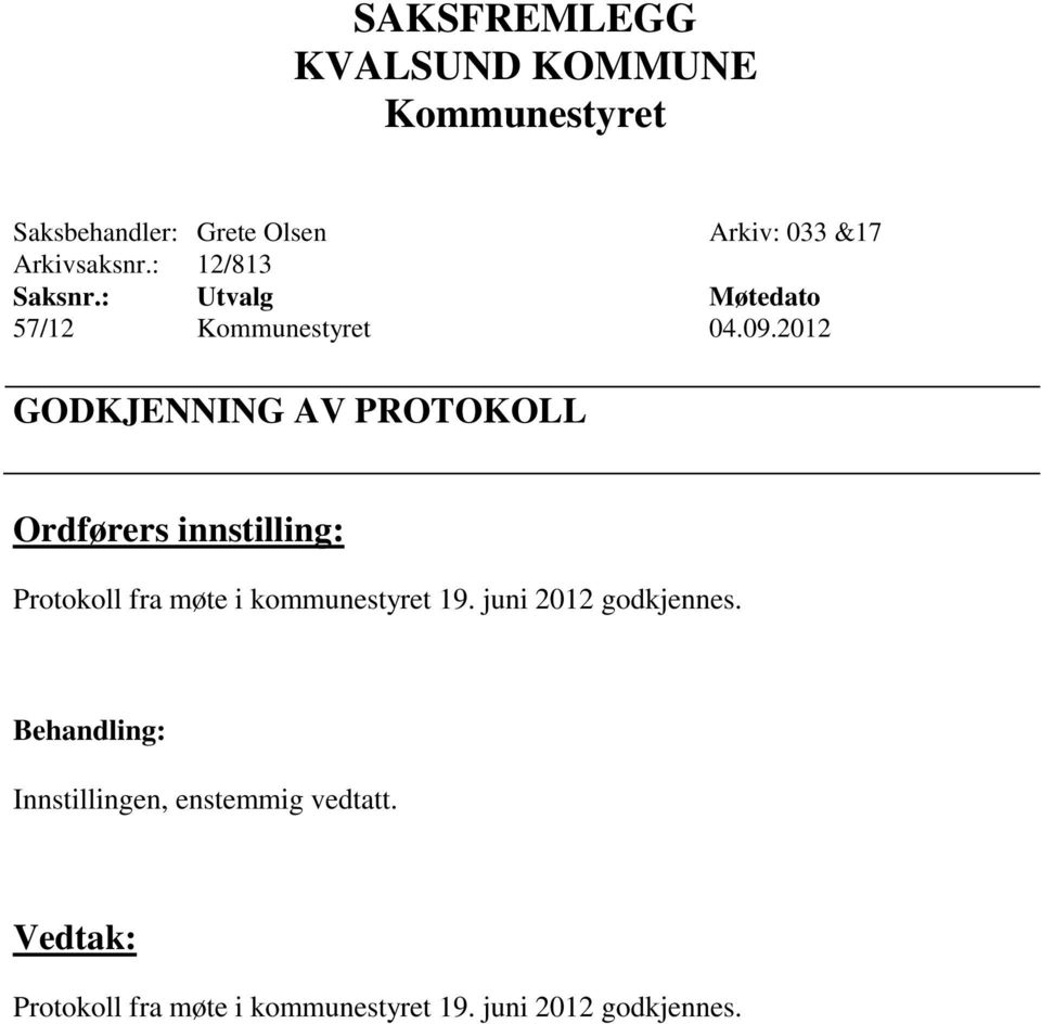 møte i kommunestyret 19. juni 2012 godkjennes.