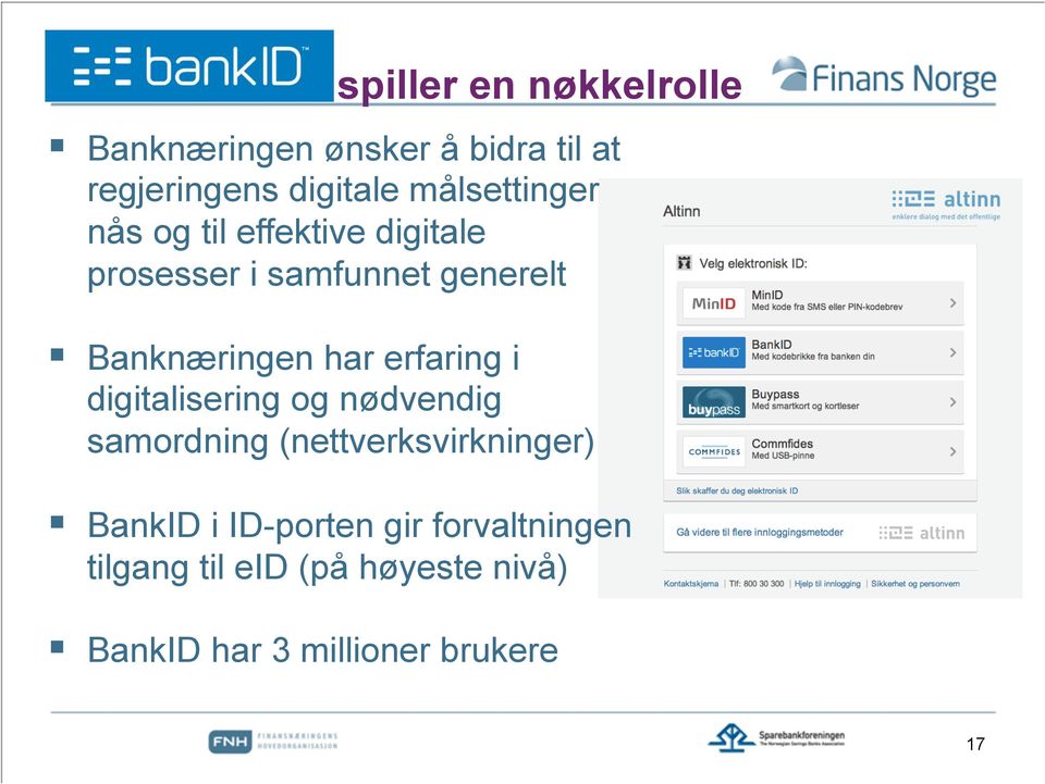 har erfaring i digitalisering og nødvendig samordning (nettverksvirkninger) BankID i