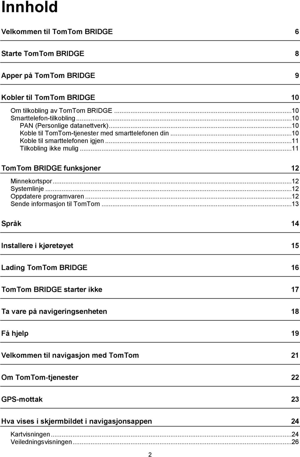 ..11 TomTom BRIDGE funksjoner 12 Minnekortspor...12 Systemlinje...12 Oppdatere programvaren...12 Sende informasjon til TomTom.