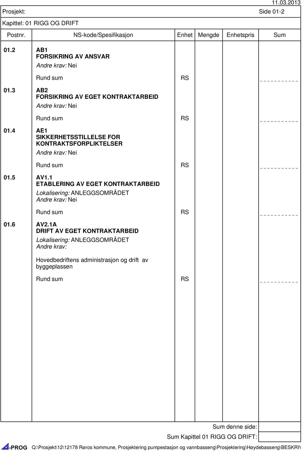 1 ETABLERING AV EGET KONTRAKTARBEID Lokalisering: ANLEGGSOMRÅDET Andre krav: Nei Rund sum RS 01.6 AV2.