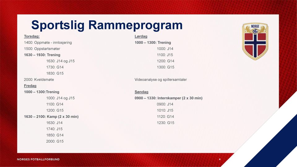 x 30 min) 1630: J14 1740: J15 1850: G14 2000: G15 Lørdag 1000 1300: Trening 1000: J14 1100: J15 1200: G14 1300: G15