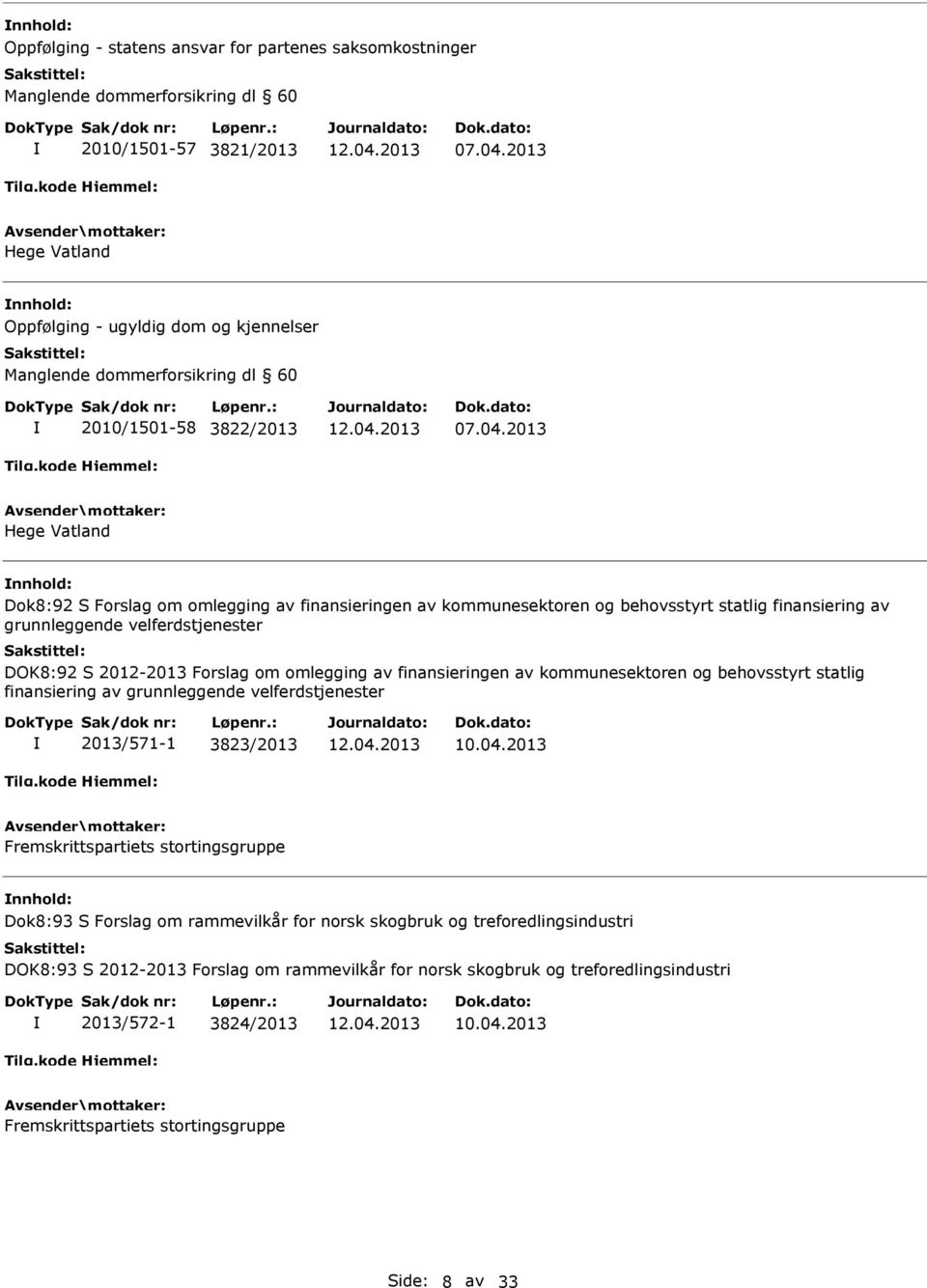 2013 Hege Vatland nnhold: Dok8:92 S Forslag om omlegging av finansieringen av kommunesektoren og behovsstyrt statlig finansiering av grunnleggende velferdstjenester DOK8:92 S 2012-2013 Forslag om