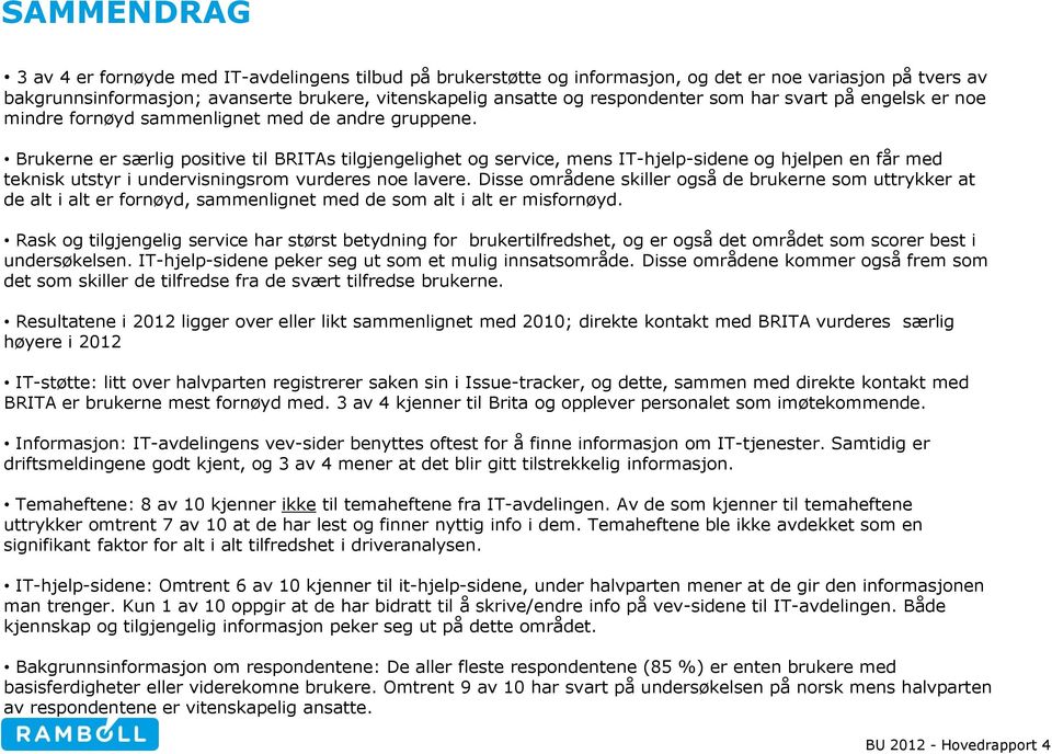 Brukerne er særlig positive til BRITAs tilgjengelighet og service, mens IT-hjelp-sidene og hjelpen en får med teknisk utstyr i undervisningsrom vurderes noe lavere.