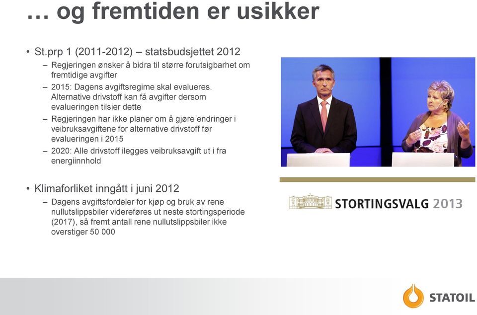 Alternative drivstoff kan få avgifter dersom evalueringen tilsier dette Regjeringen har ikke planer om å gjøre endringer i veibruksavgiftene for alternative