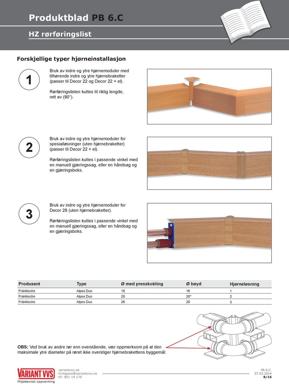 Rørføringslisten kuttes i passende vinkel med en manuell gjæringssag, eller en håndsag og en gjæringsboks. 3 Bruk av indre og ytre hjørnemoduler for Decor 28 (uten hjørnebraketter).