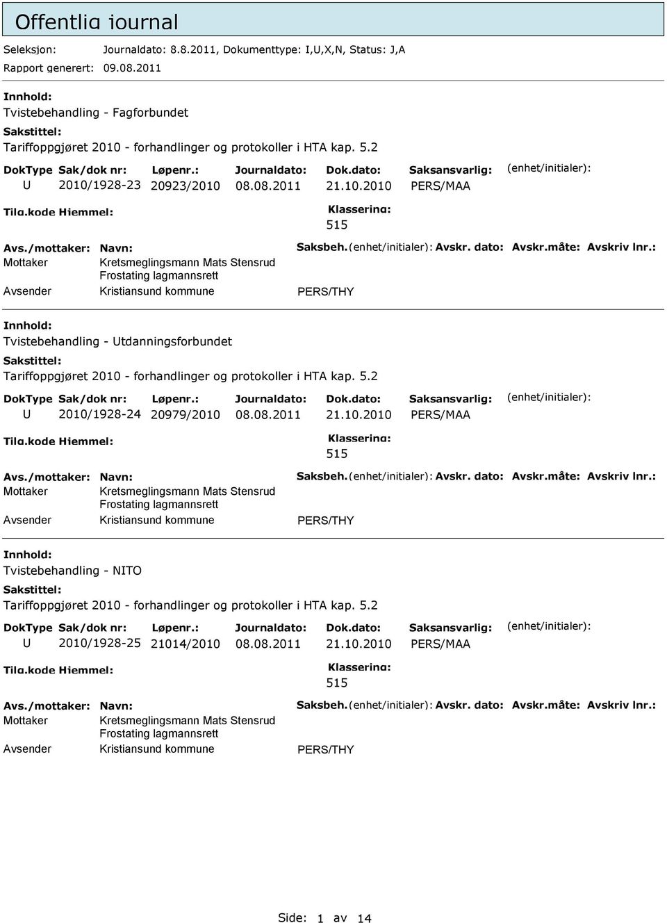 : Mottaker Kretsmeglingsmann Mats Stensrud Frostating lagmannsrett PRS/THY Tvistebehandling - tdanningsforbundet Tariffoppgjøret 2010 - forhandlinger og protokoller i HTA kap. 5.