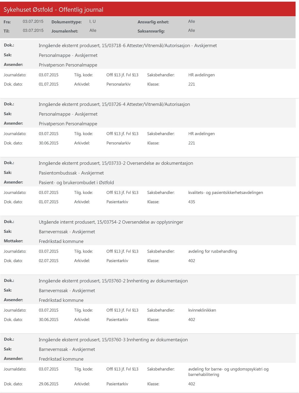 Avskjermet Pasient- og brukerombudet i Østfold Dok. dato: 01.07.2015 Arkivdel: Pasientarkiv 435 Utgående internt produsert, 15/03754-2 Oversendelse av opplysninger avdeling for rusbehandling Dok.