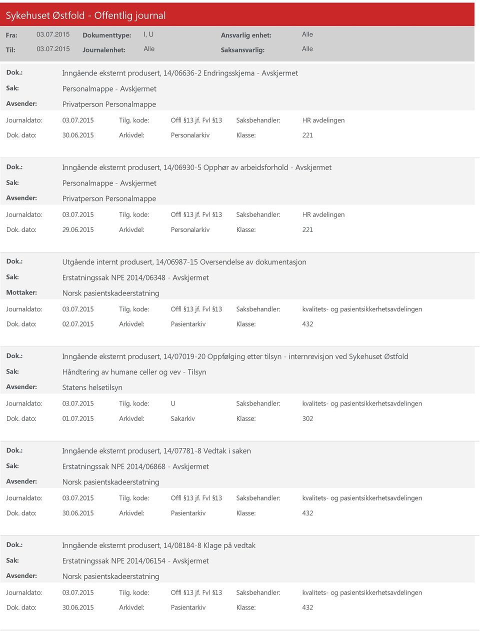 2015 Arkivdel: Pasientarkiv Inngående eksternt produsert, 14/07019-20 Oppfølging etter tilsyn - internrevisjon ved Sykehuset Østfold Håndtering av humane celler og vev - Tilsyn Statens helsetilsyn U