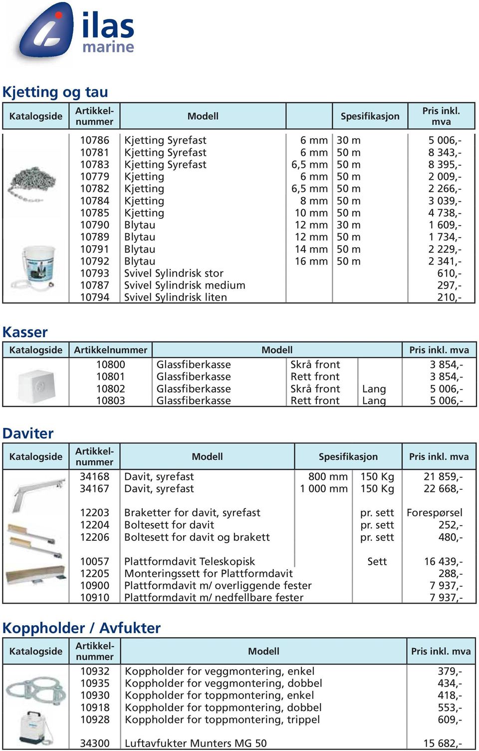 10792 Blytau 16 mm 50 m 2 341,- 10793 Svivel Sylindrisk stor 610,- 10787 Svivel Sylindrisk medium 297,- 10794 Svivel Sylindrisk liten 210,- Kasser Daviter Modell 10800 Glassfiberkasse Skrå front 3