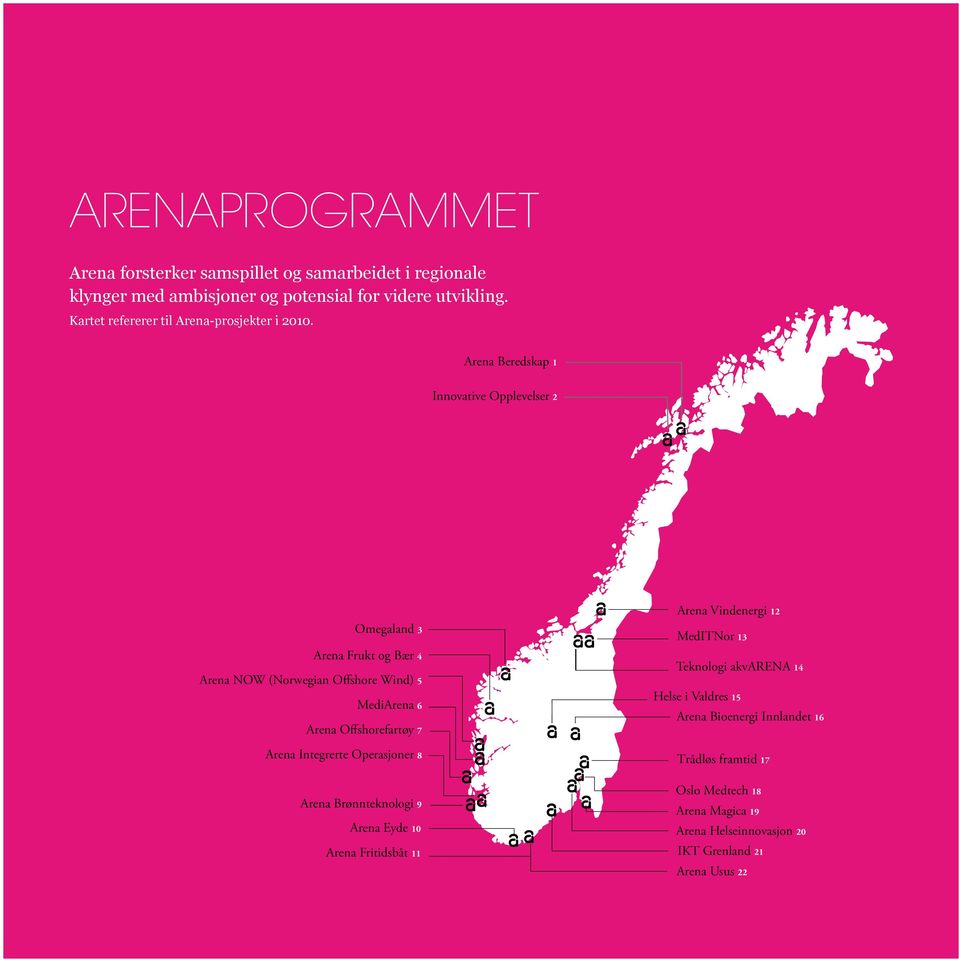 Arena Beredskap 1 Innovative Opplevelser 2 Arena Vindenergi 12 Omegaland 3 Arena Frukt og Bær 4 Arena NOW (Norwegian Offshore Wind) 5 MediArena 6 Arena