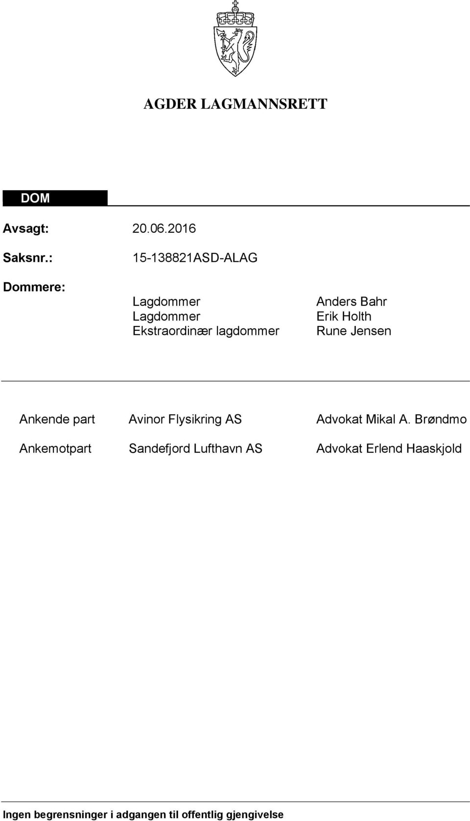 Bahr Erik Holth Rune Jensen Ankende part Avinor Flysikring AS Advokat Mikal A.