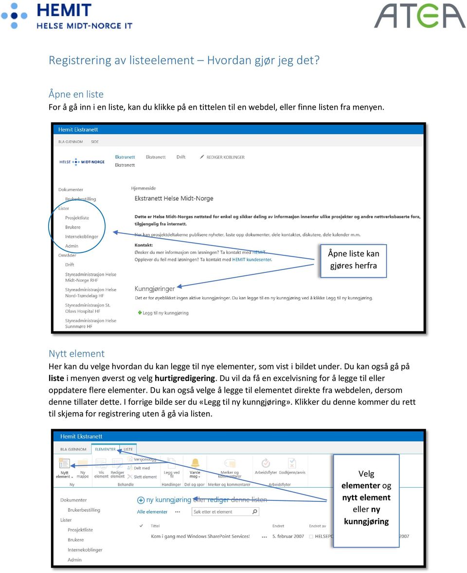 Du kan også gå på liste i menyen øverst og velg hurtigredigering. Du vil da få en excelvisning for å legge til eller oppdatere flere elementer.